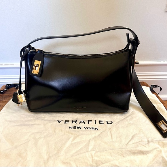 Verafied NY Hobo Gold Black Leather - Minimalist Style Lock and Key - Dust Bag - Picture 6 of 16
